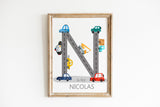 Construction Vehicle Nursery Prints, Car Nursery Wall Art, Personalized Vehicle Nursery Decor, Baby boy Nursery Print